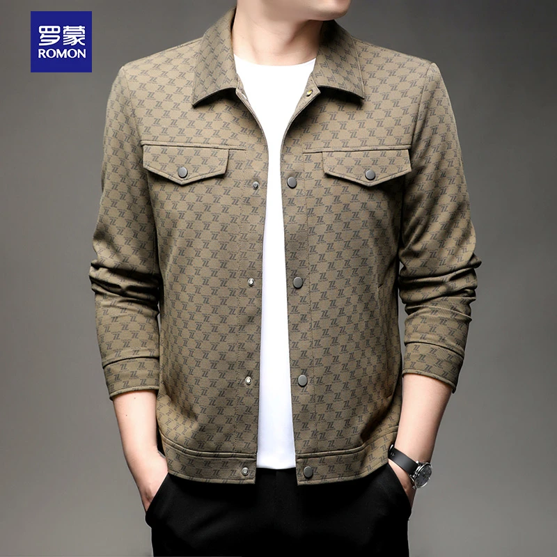 Romon/罗蒙男翻领秋季夹克季潮流商务外套时尚休闲男格子上衣男士