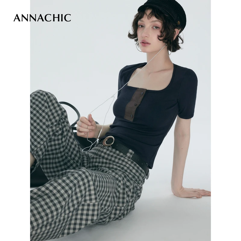 ANNACHIC藏青色U领正肩短袖T恤女夏季新款百搭设计感修身显瘦上衣