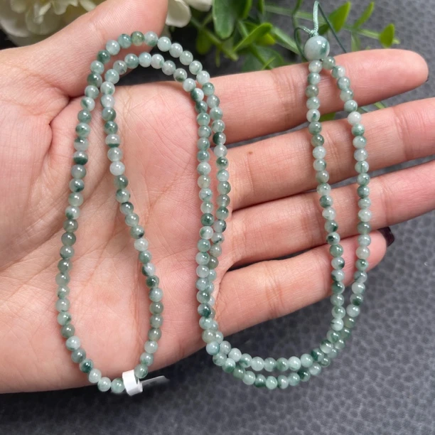 天然A货缅甸翡翠飘蓝花经典3.6mm满珠小米珠玉石珠链周长60厘米