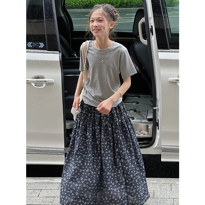 K29289孙小美文艺范女童碎花套装2025夏装儿童短袖裙子两件套