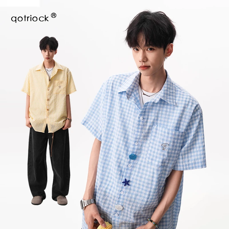 美式街头趣味纽扣短袖衬衫男女夏季多巴胺格子衬衣休闲情侣外套潮