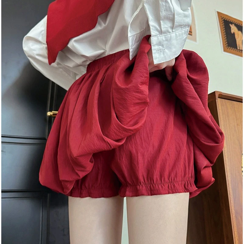 红色花苞短裙女夏季薄款小个子南瓜a字蓬蓬裙黑色高腰鱼尾半身裙