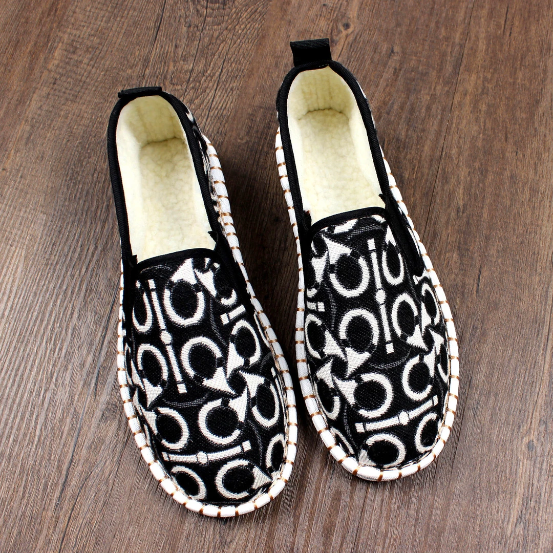 冬季新款加绒保暖老北京布鞋男士软底一脚蹬手工棉鞋加厚二棉休闲