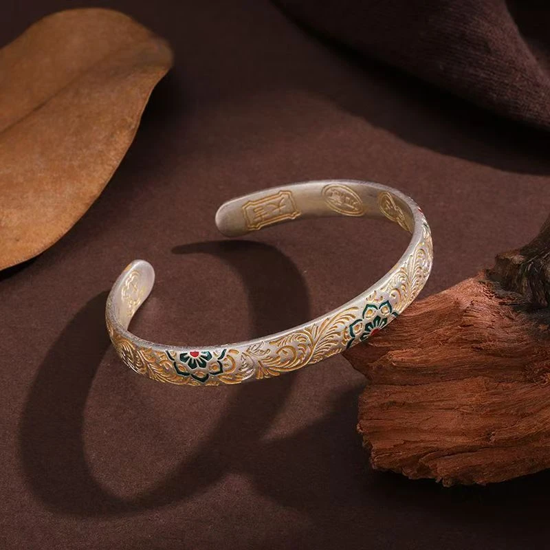 足银9999 高端大气实心精美描金宝相花开口镯货号002