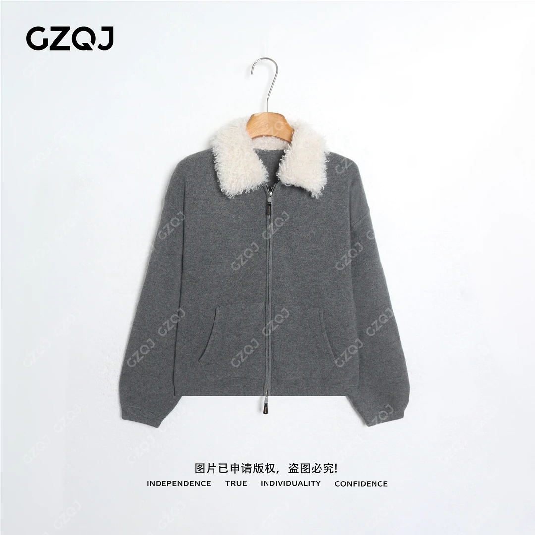 老琴私服【绒雪浅茶】100绵羊毛休闲慵懒毛毛领针织衫女冬新款 7122