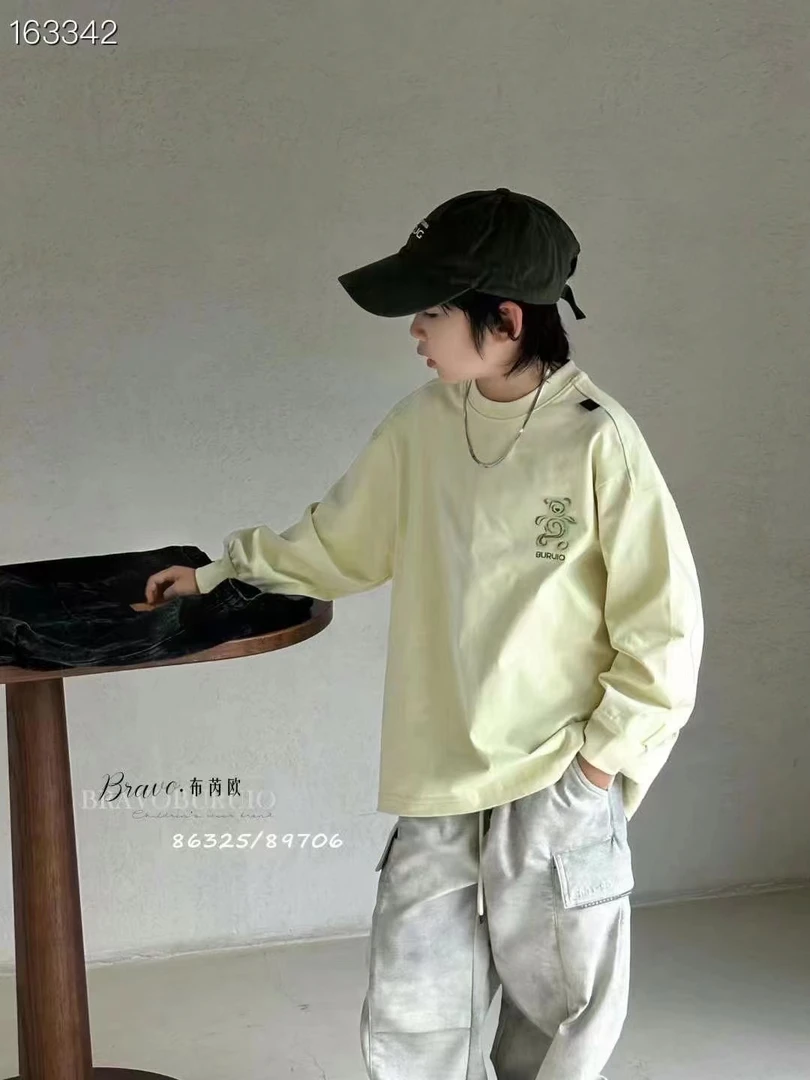 T恤男卡通B类长袖春秋印花女童牛仔中童圆领韩版加绒连帽休闲