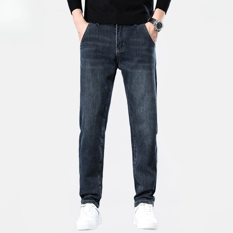 爆款男装秋冬厚款牛仔裤男士美复古百搭水洗明线裤休闲加绒加厚