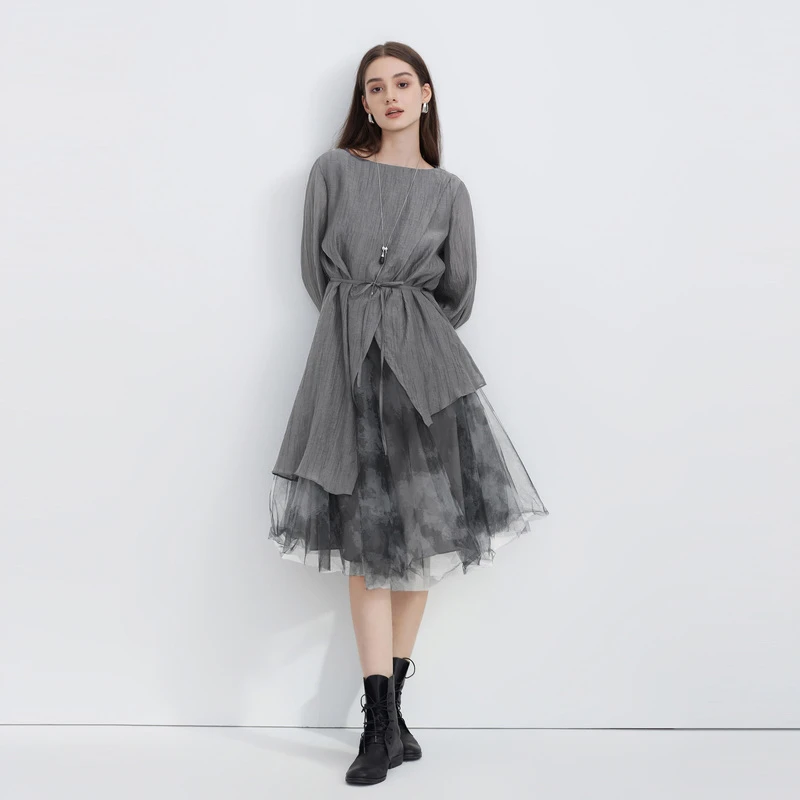 sdeer圣迪奥复古拼接女装圆领收腰网纱印花两件连衣裙S223Z127Y