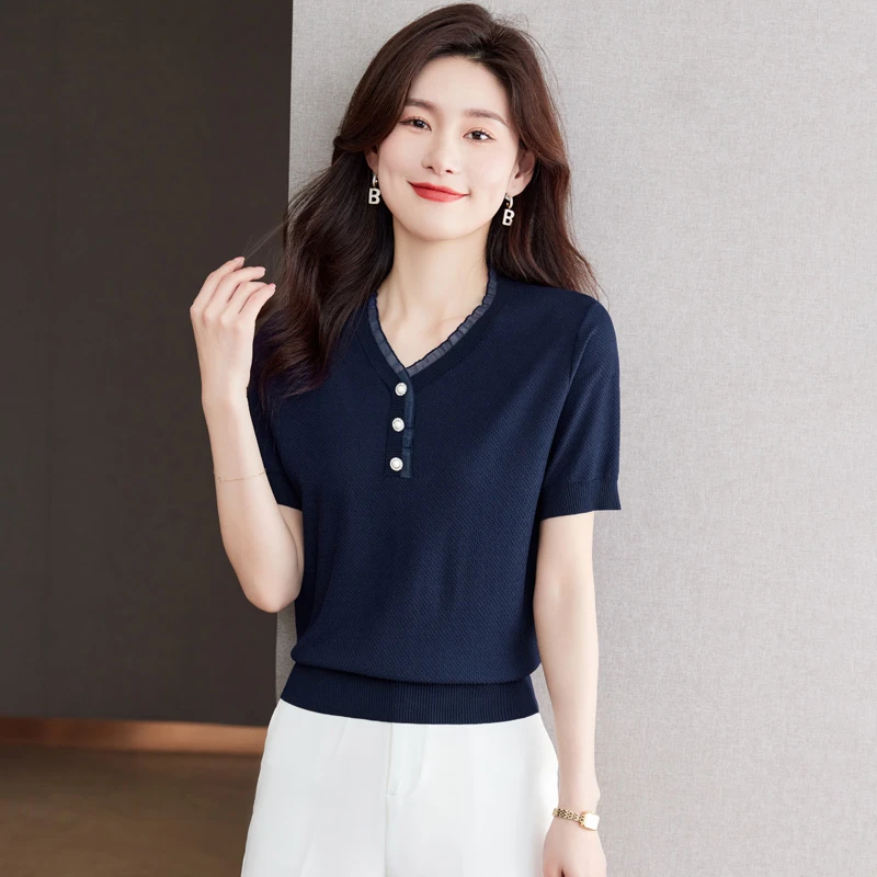 哥弟阿玛施正夏季桑蚕丝短袖t恤女V领冰丝针织衫蕾丝宽松上衣薄款