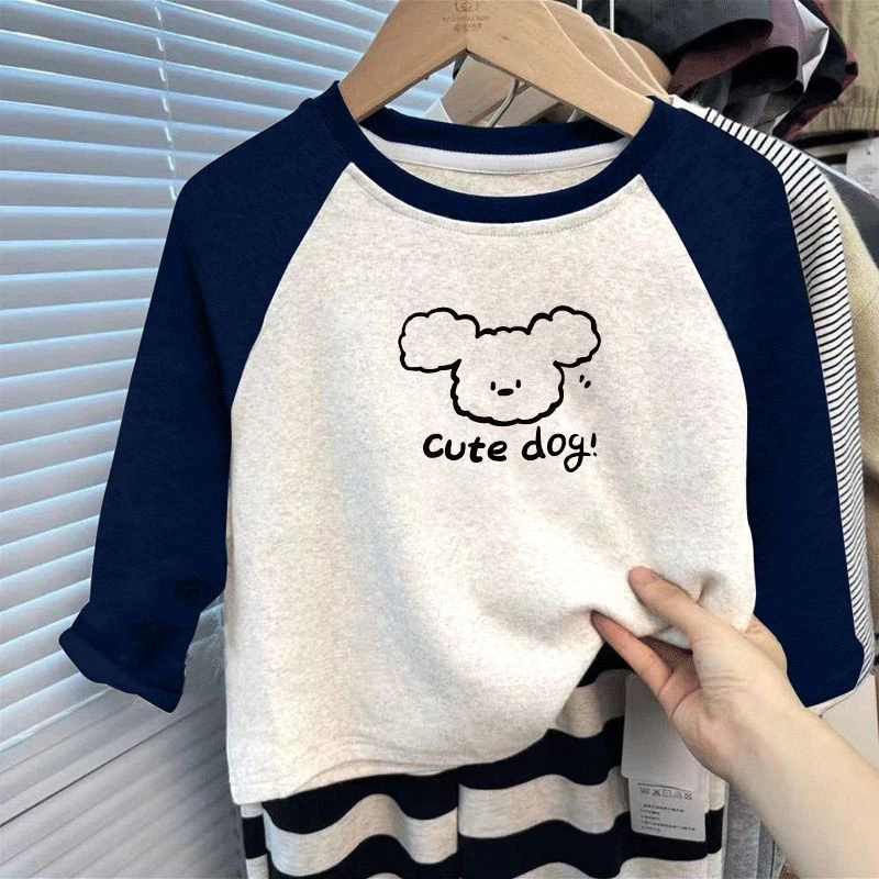 韩系纯棉儿童新款长袖T恤可爱百搭圆领男女童卡通拼色打底上衣软