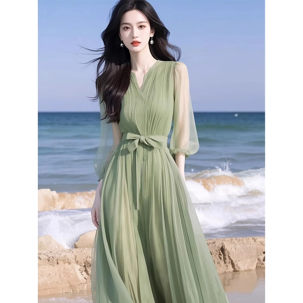 大码多巴胺绿色雪纺连衣裙女夏季新款高端精致女神范气质长袖长裙