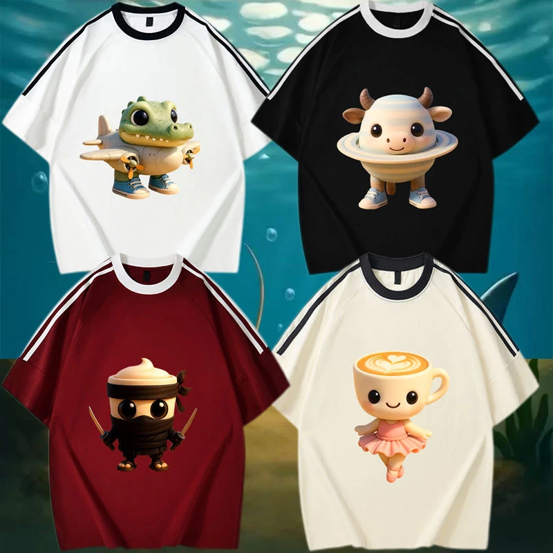 外国山海经儿童纯棉夏季短袖木棍人卡通上衣男女童三条杠潮流衣服