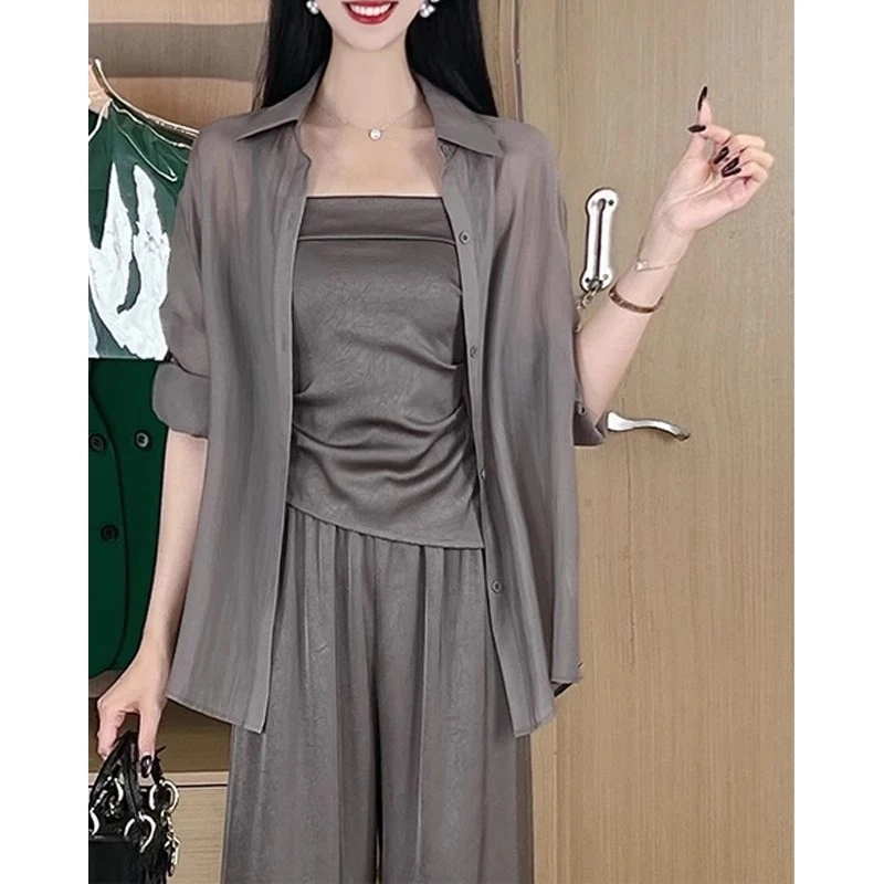 2025夏季新款吊带上衣+外套+长裤三件套装小个子韩版时尚显瘦套装