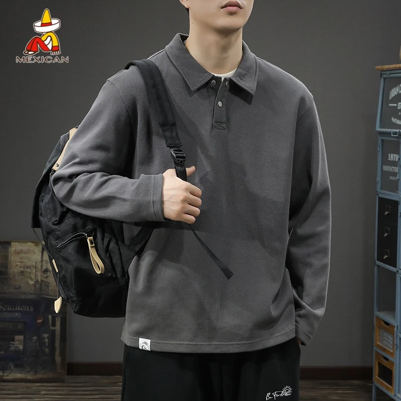 Mexican/稻草人秋冬高级感长袖polo衫男款加绒加厚内搭打底衫上衣