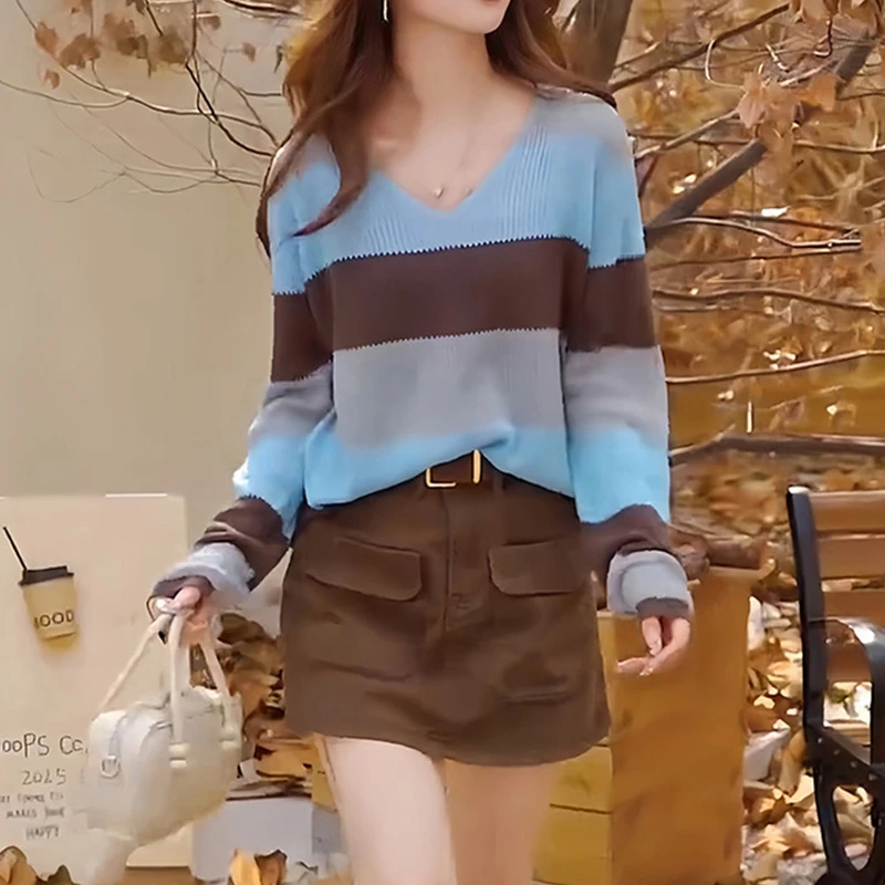 M728条纹设计感V领套头高级感舒适宽松针织衫休闲减龄上衣