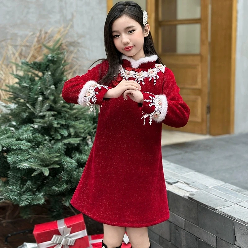 国风加绒加厚洋气复古金丝喜庆拜年服女童秋冬新款红色长款中式公