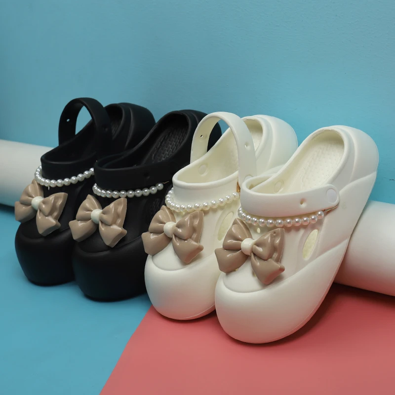 蝴蝶结包头凉拖鞋女2025新款厚底防滑踩屎感医护两穿白色洞洞鞋女