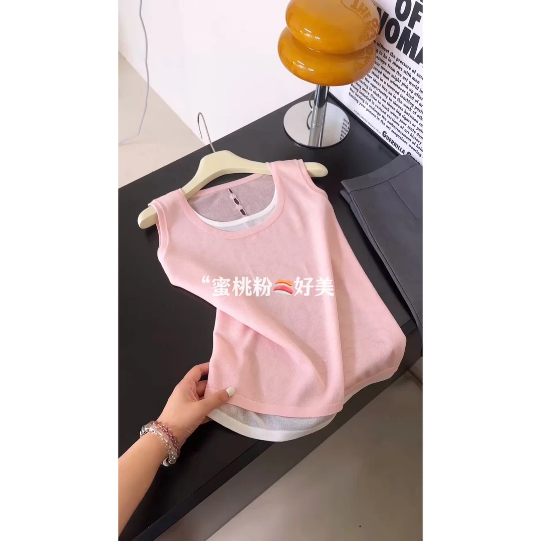韩系显白假两件无袖背心女夏季小众设计微透修身拼色薄款外穿吊带