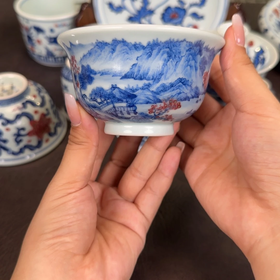 和然窑釉里红山水压手杯