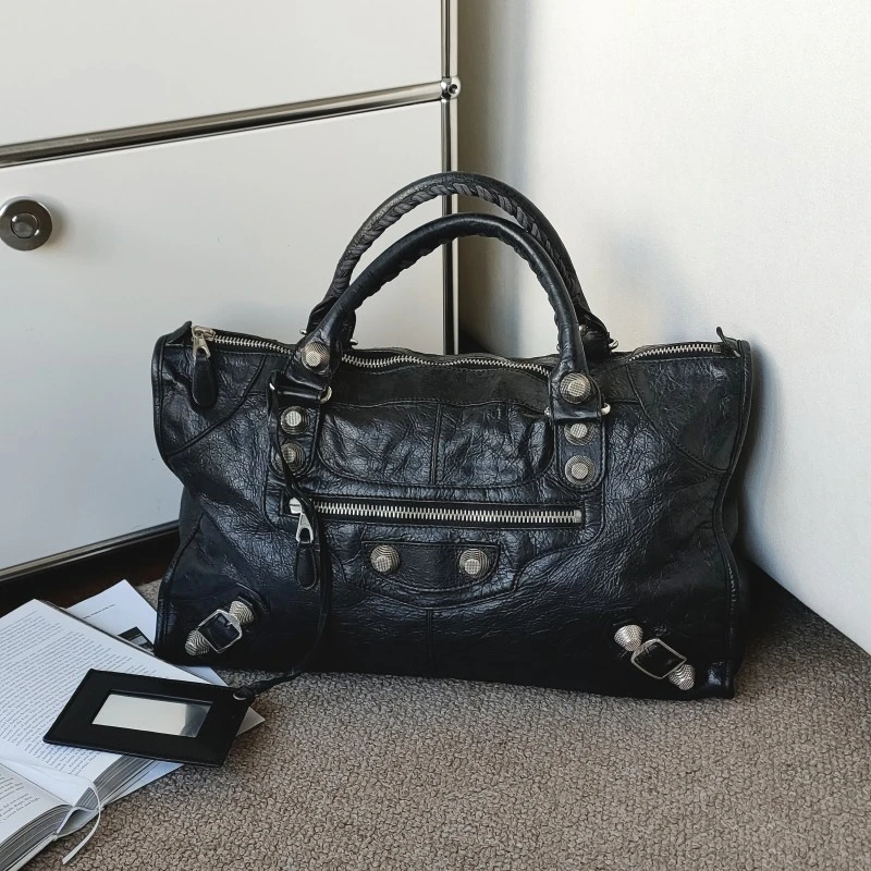 95新 Balenciaga/巴黎世家 54224/Azul-黑银油蜡皮机车大号手提包