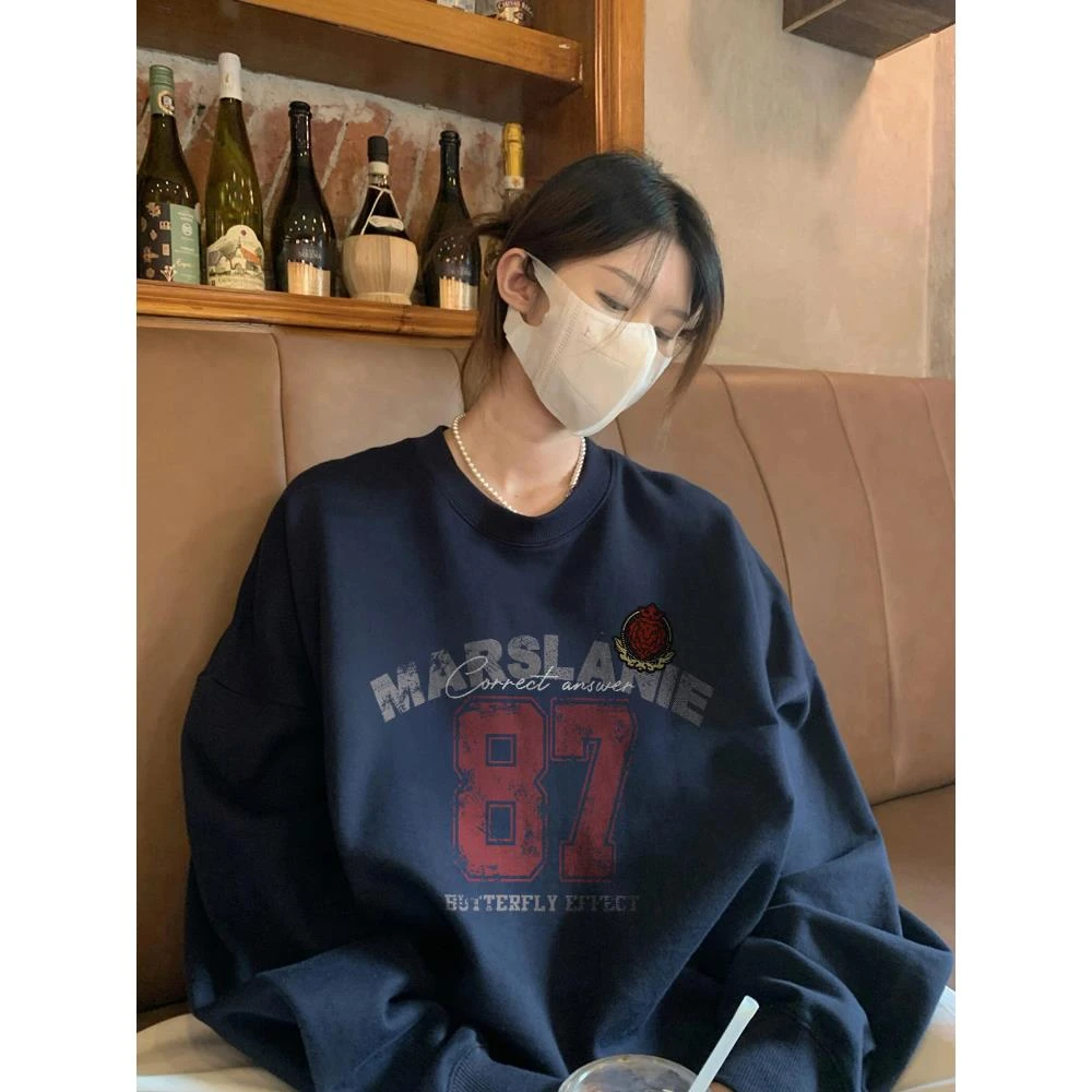 重磅高街美式潮牌圆领卫衣女2025新款秋季宽松慵懒设计感上衣