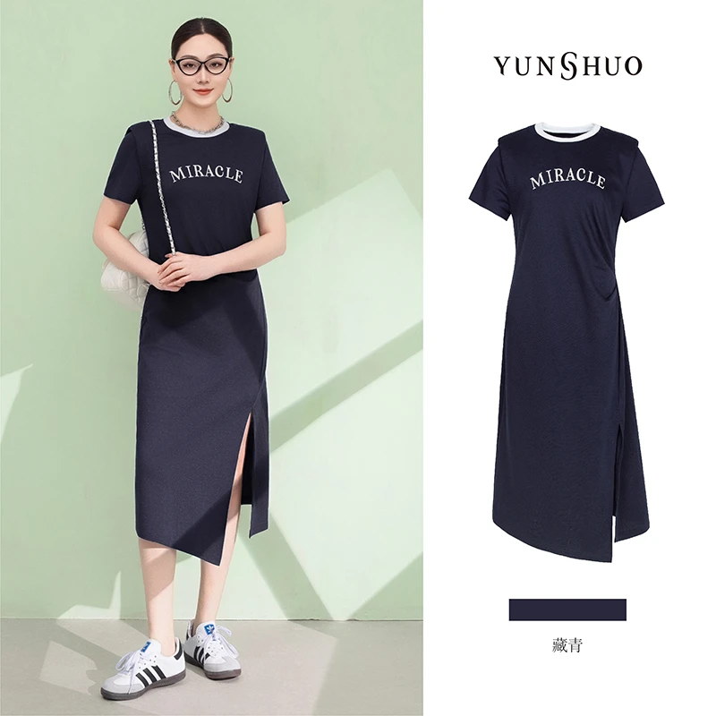 允硕夏季新品时尚百搭气质圆领垫肩女装收腰褶皱开叉连衣裙569431