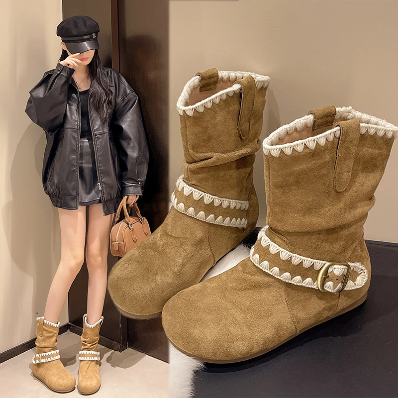 法式复古厚底内增高短筒堆堆靴女2025秋冬新款百搭平底马丁瘦瘦靴