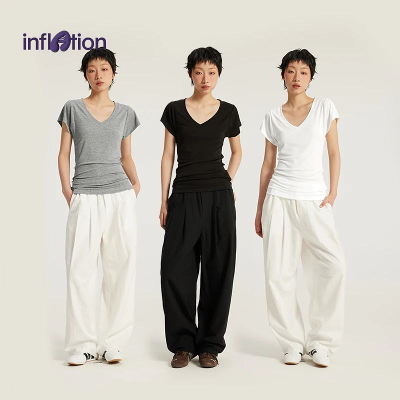 膨胀潮牌莱赛尔Tencel™V领堆堆T恤25夏蝙蝠袖显瘦修身型女