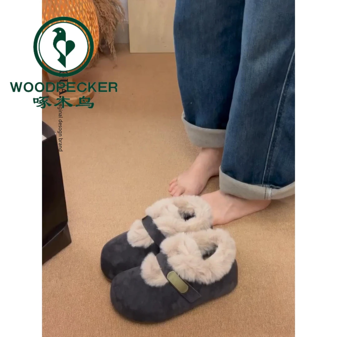 啄木鸟复古内增高勃肯鞋女2025新款冬季加绒雪地棉鞋一脚蹬毛毛鞋