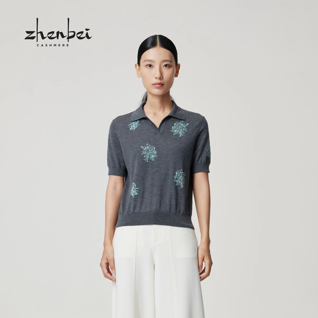 ZB/珍贝早秋新品丝绒翻领提花镶饰复古上班族通勤女装/67067