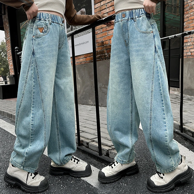 女童牛仔裤春秋款儿童洋气韩版秋装裤子中大童小女孩直筒阔腿长裤