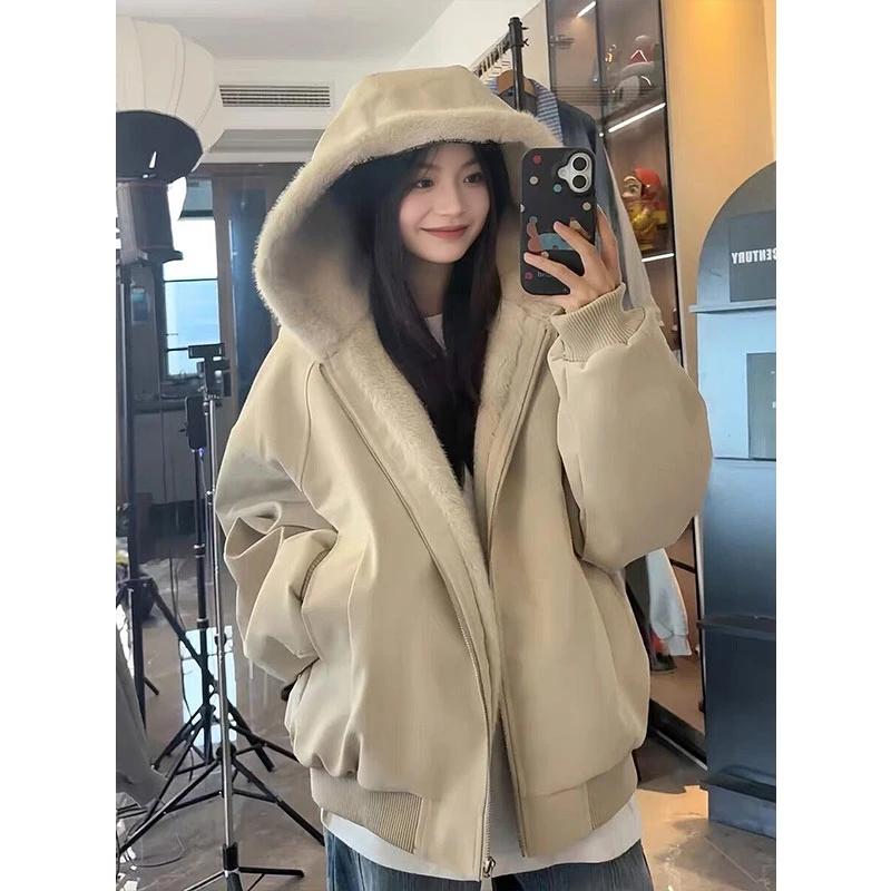 300斤特大码女装美式连帽座山雕皮衣棉服女冬季新款遮肉百搭棉衣