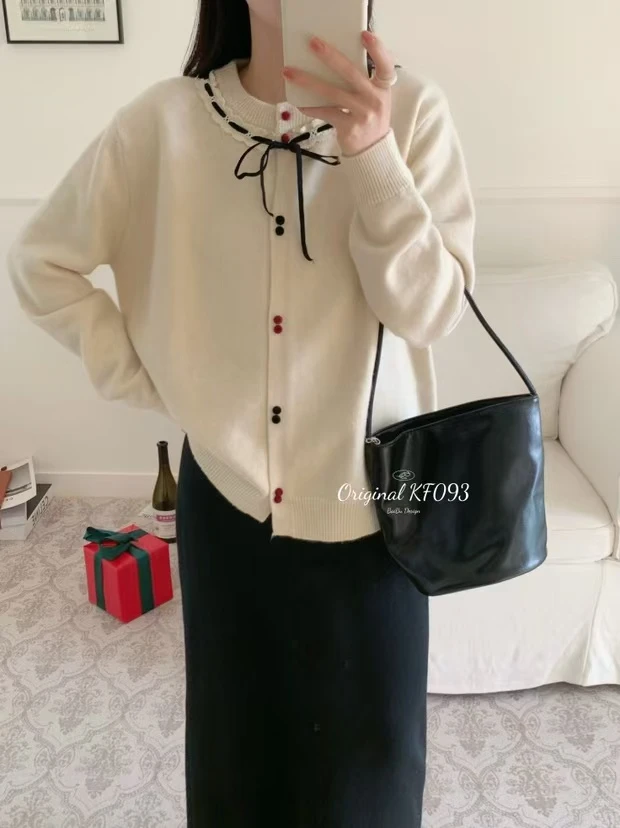 新款织带压皱圆领系带蝴蝶结花色针织开衫毛衣093