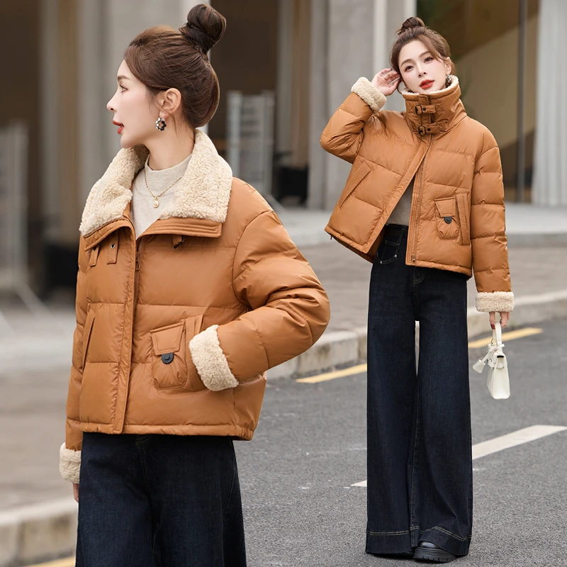 羊羔毛拼接短羽绒服女2024冬季新款洋气减龄小个子加厚白鸭绒外套