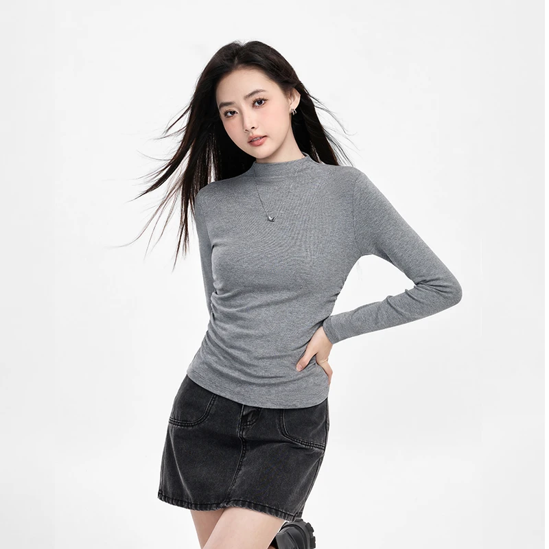 【拉夏贝尔】褶皱半高领内搭打底衫长袖T恤女春秋款小个子短款上衣