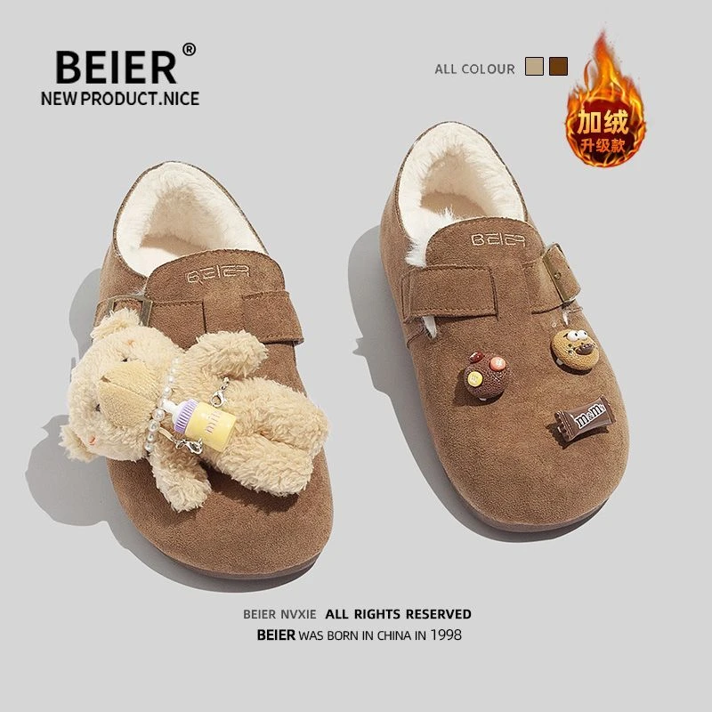 BEIER可爱小熊百搭舒适博肯鞋2025冬季设计感加绒保暖棉鞋女鞋236