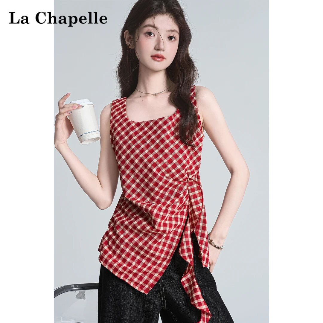 拉夏贝尔不规则红色格子无袖衬衫背心女夏外穿设计感漂亮掐腰上衣