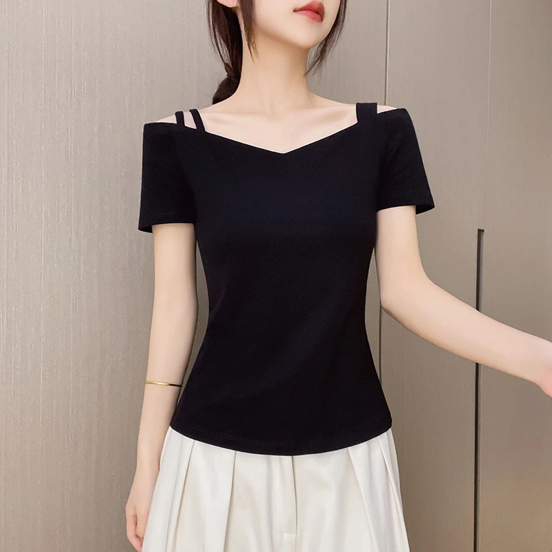 黑色V领短袖t恤女内搭2025新款一字肩露背修身设计感半袖体恤上衣