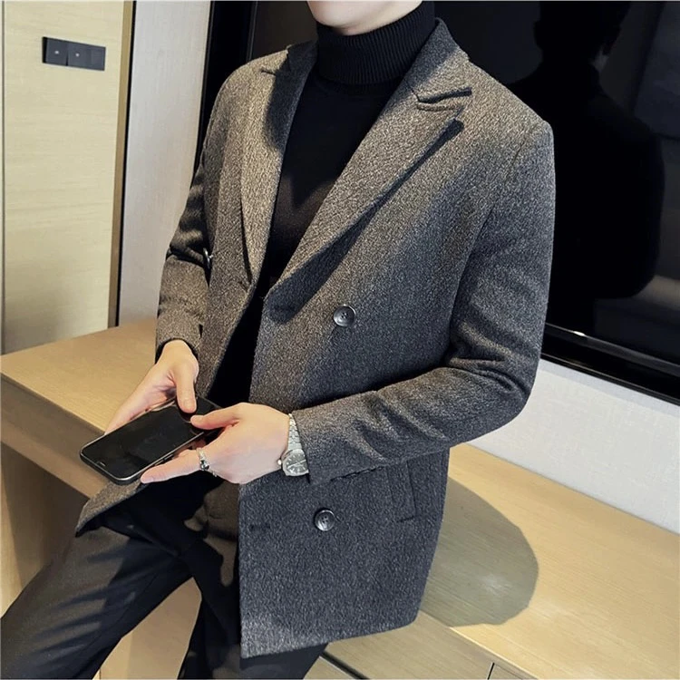 春季男士西装领中长款羊毛呢子大衣商务休闲百搭外套加厚加棉风衣