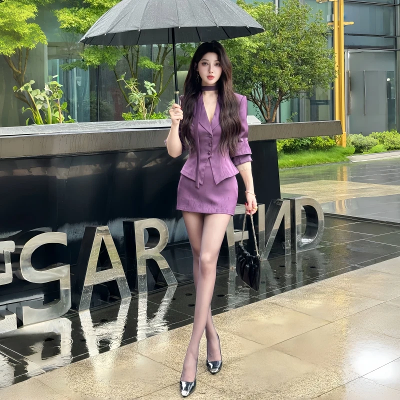 气质长袖缎面套装夜宴名伶衬衫纽扣高腰西装领时尚短裙修身套装女