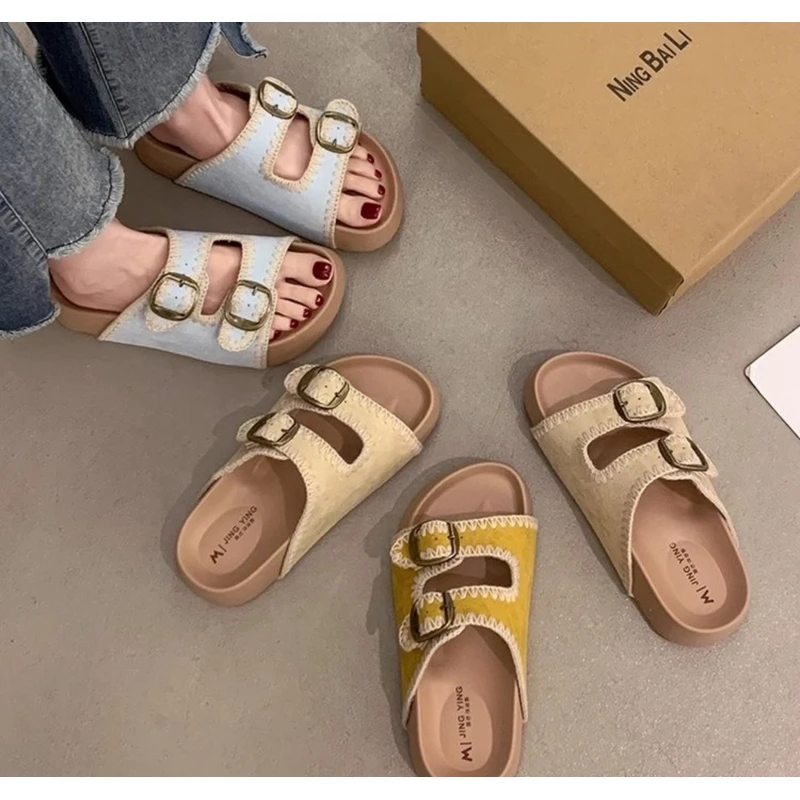 编织风一字拖女款夏季外穿时尚沙滩鞋软底百搭增高勃肯拖鞋