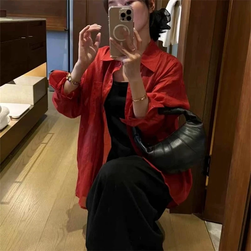 陈思思韩系时尚百搭翻领气质长袖衬衣防晒衬衫女夏季宽松显瘦上衣