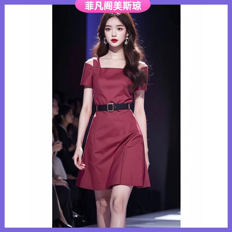 I今年流行漂亮短袖收腰气质小个子红色吊带露肩连衣裙子女夏季l