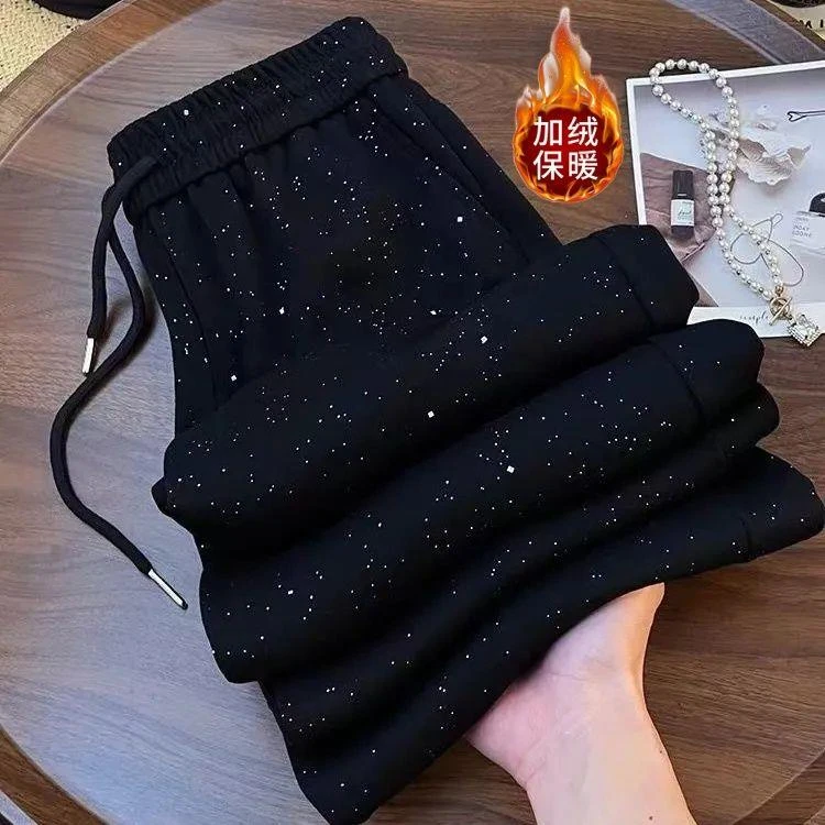 高端满天星烫钻高腰阔腿裤2025春季新款小众设计感百搭直筒休闲裤