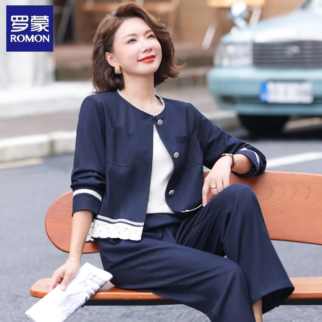 罗蒙中年妈妈秋装外套贵夫人上衣中老年女春秋牛仔阔腿裤两件套装