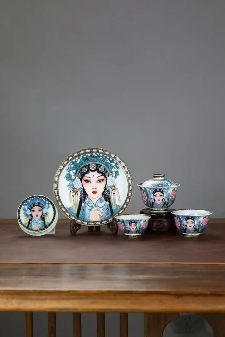 景德镇高温釉下牡丹美人图茶具套组五件套家用