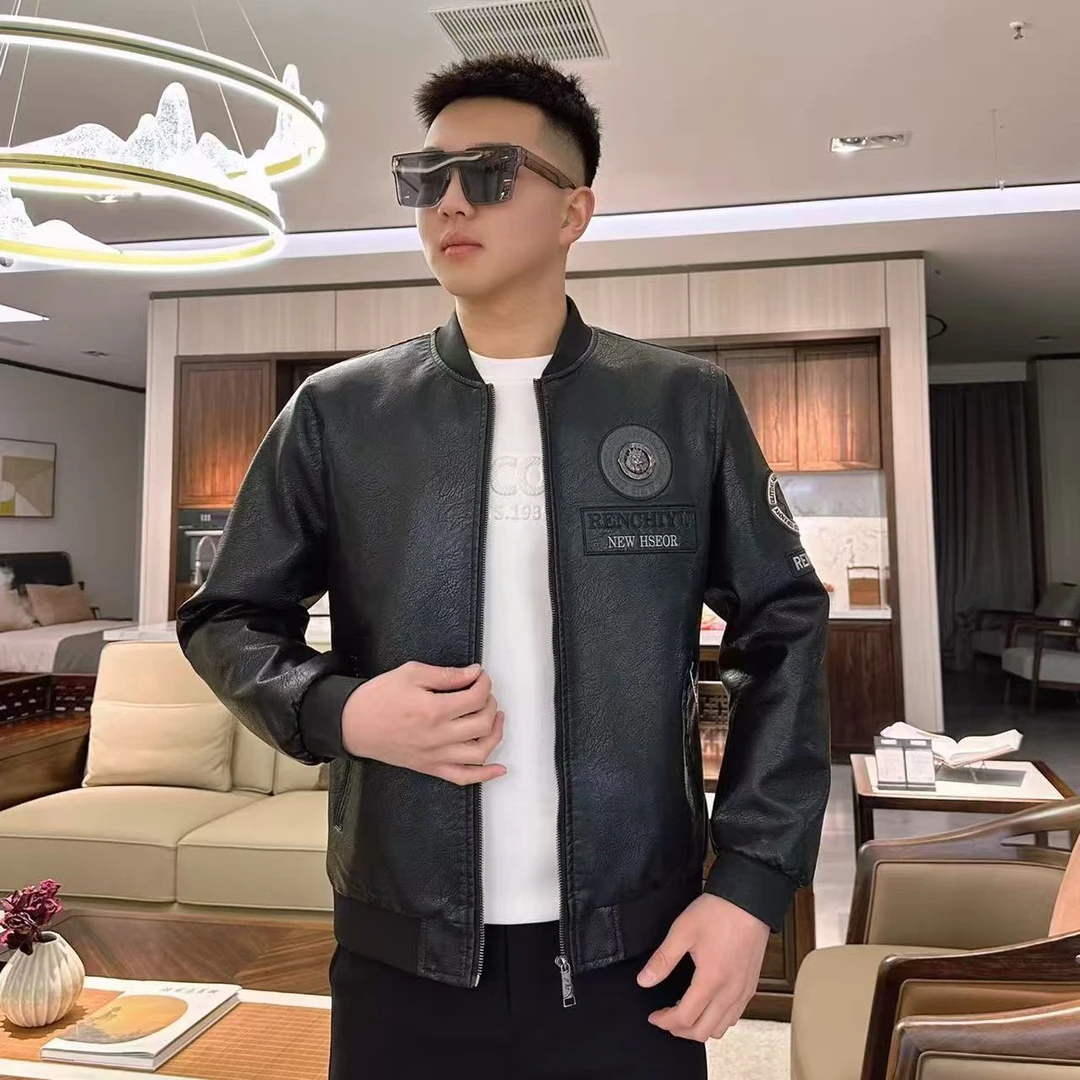 2025年男士春款时尚百搭潮流夹克休闲男款圆领短款帅气黑色皮衣