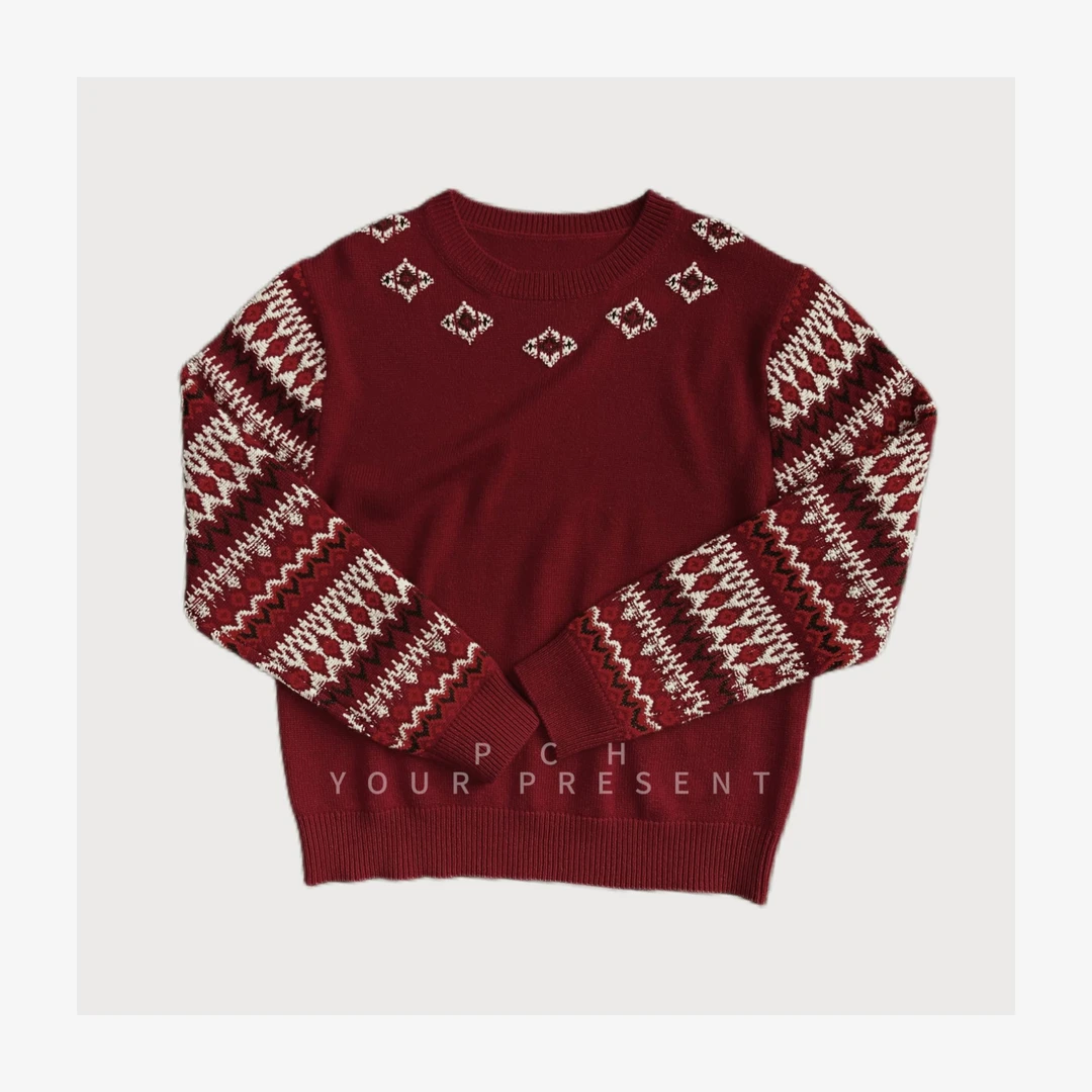 PCH费尔岛圣诞新年系列羊绒针织衫毛衣L*P新款双层织圆领套头长袖