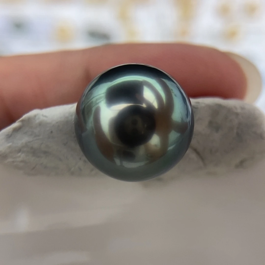 未镶嵌海水珍珠耳钉14.0mm正圆大溪地海洋蓝镜面光