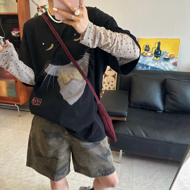 qiqi/琦琦推荐 韩版高品质猫咪图案波点网纱袖假两件套长袖T恤